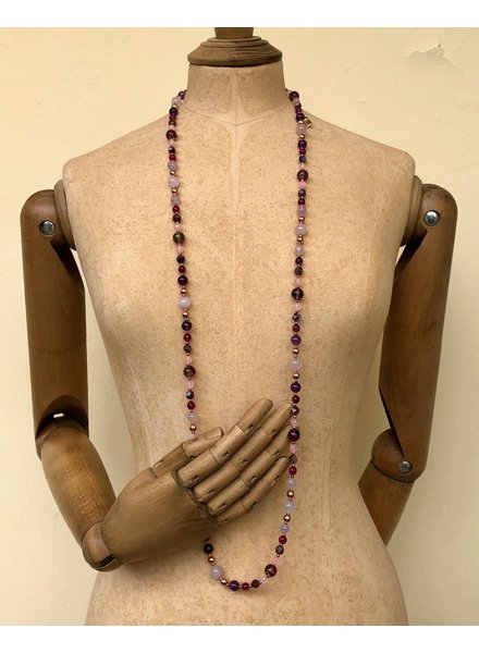 Halskette mit Turmalin, Amethyst, Calcit & Jade - rotgoldene Dekorperlen