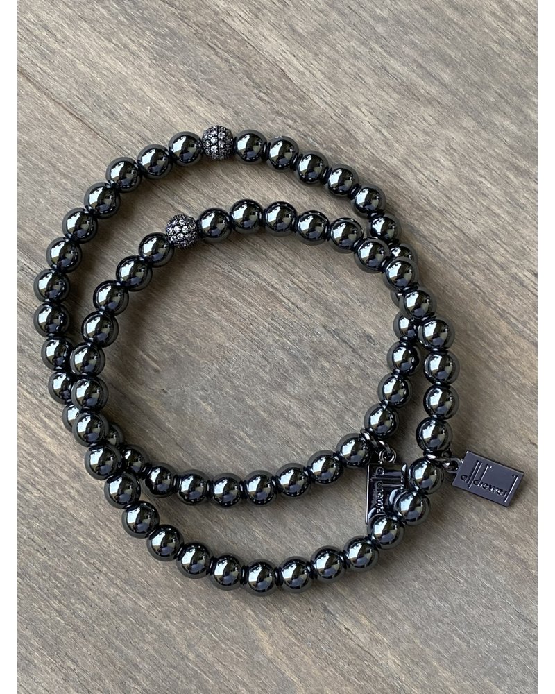 Hämatit-Armband - 6 mm Perlen rund - schwarz/silber - Zirkonia Perle