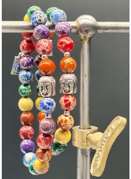 Help for Kids | Regenbogen-Jaspis - 8 mm - silberner Buddha