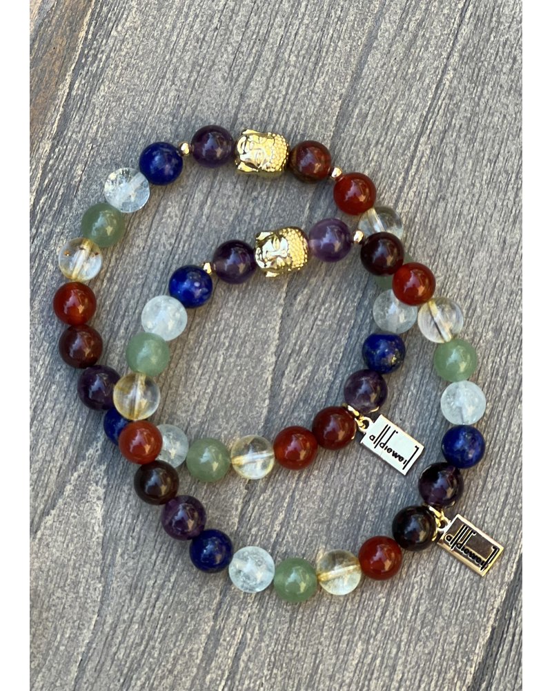 7-Chakren Armband, 8 mm, vergoldeter Buddha