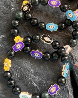 Jade Bracelet & Hamsa Hands - 8 mm pearls - black