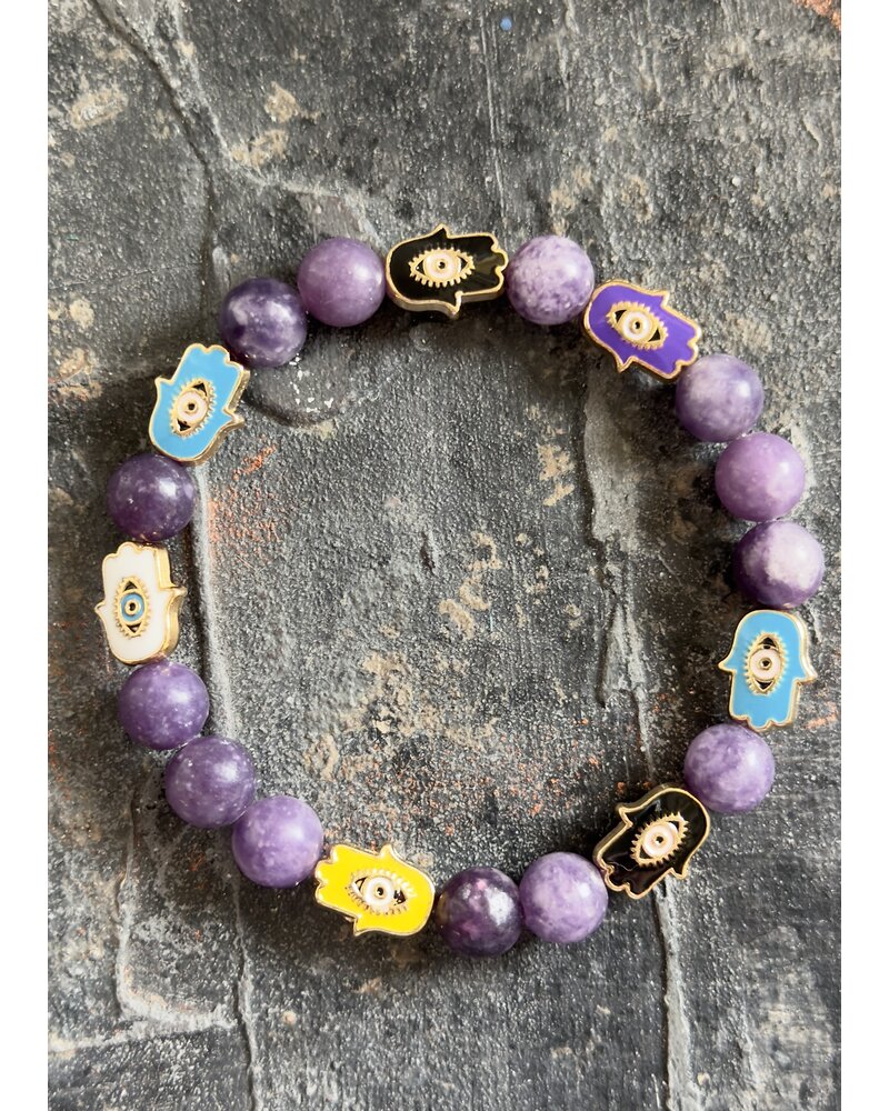 Jade Bracelet & Hamsa Hands - 8 mm pearls - purple