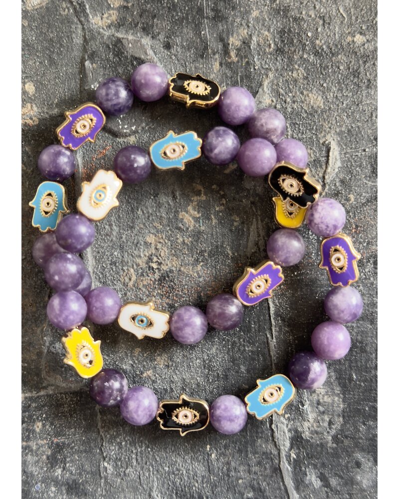 Jade Bracelet & Hamsa Hands - 8 mm pearls - purple