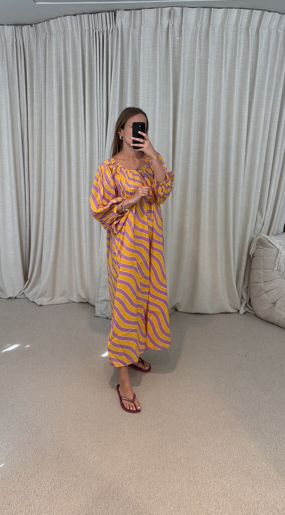 Bakar Balloon Dress - Yellow Purple Waves