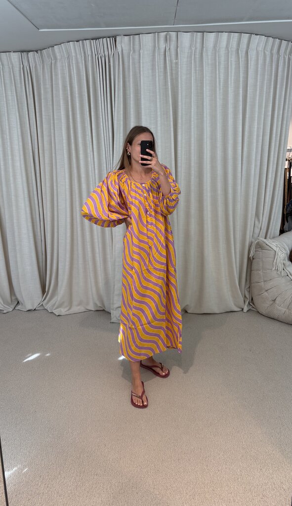 Bakar Balloon Dress - Yellow Purple Waves