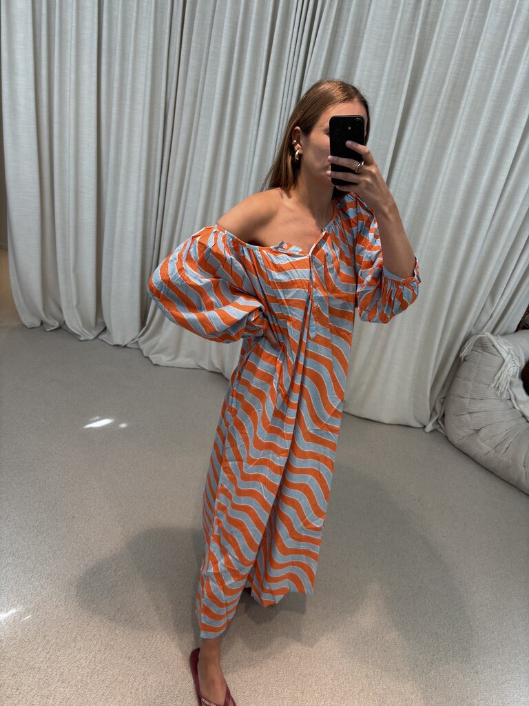 Bakar Balloon Dress - Orange Blue Waves