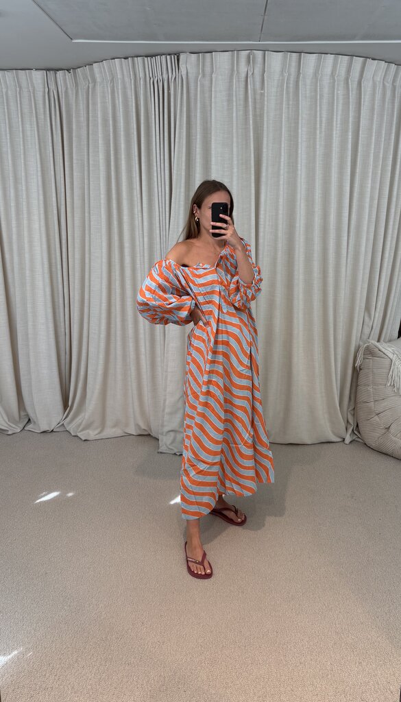 Bakar Balloon Dress - Orange Blue Waves