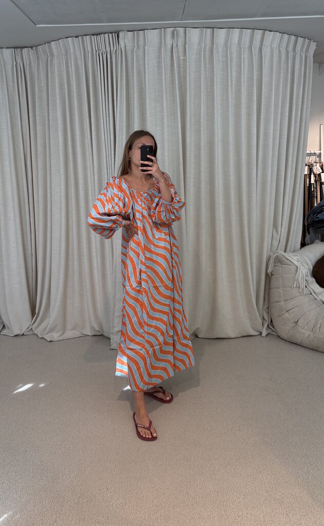 Bakar Balloon Dress - Orange Blue Waves