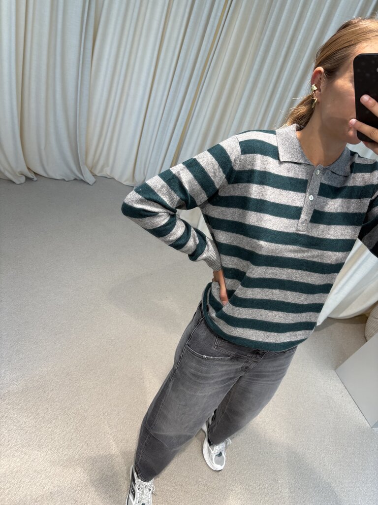 Beta Studios Lizzie Polo Stripe - Grey Melange/Botanical Green
