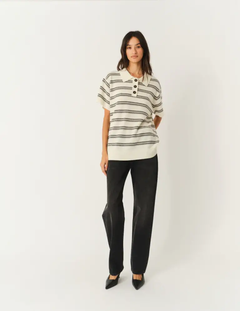 The Garment Como Dads Polo - Cream/Grey Melange Stripes