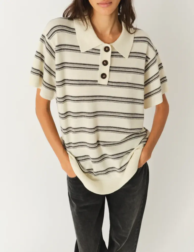 The Garment Como Dads Polo - Cream/Grey Melange Stripes