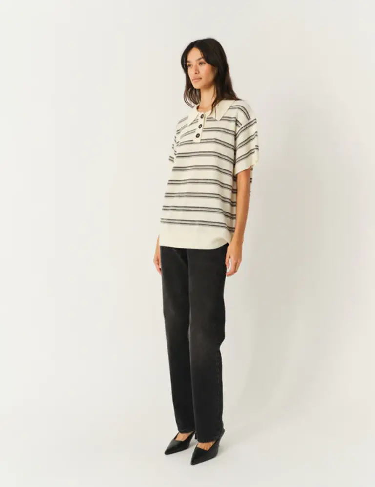 The Garment Como Dads Polo - Cream/Grey Melange Stripes