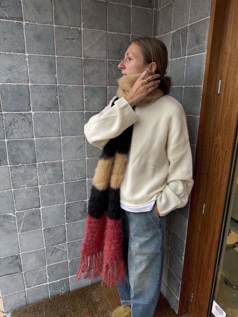 Hinterveld Striped Snuggle Scarf - Ice Coffee/Black/Maroon