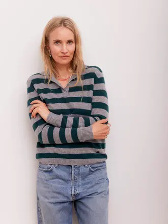Beta Studios Lizzie Polo Stripe - Grey Melange/Botanical Green