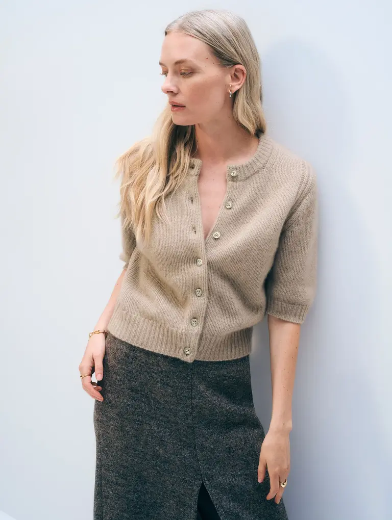 White & Warren Elbow Cardigan - Taupe Heather