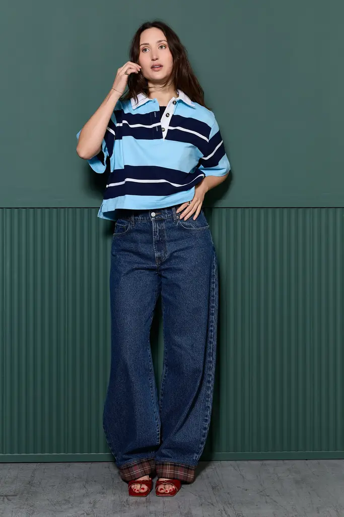 COCO Y MARIA Cropped Polo - Blue Stripe
