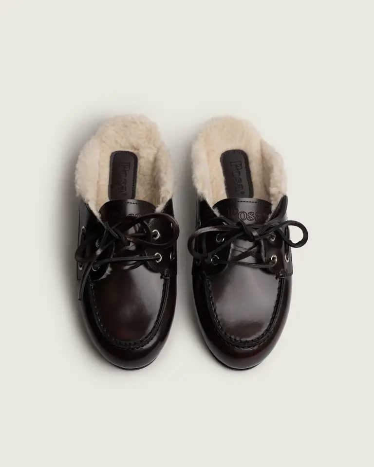 Posa Boat Loafer Mule Fur - Burgundy