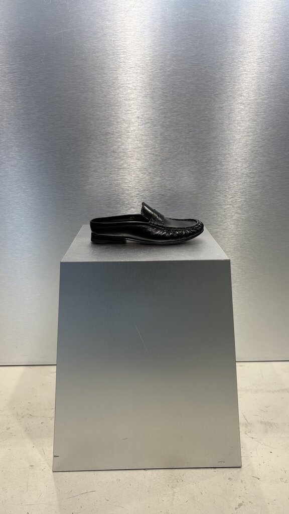 Posa Penny Loafer Wrinkle Mule - Black Leather