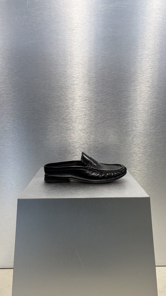 Posa Penny Loafer Wrinkle Mule - Black Leather