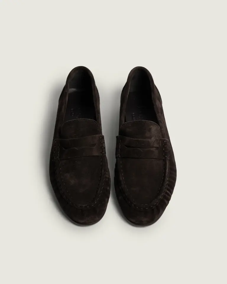 Posa Penny Loafer Wrinkle Suede - Dark Brown