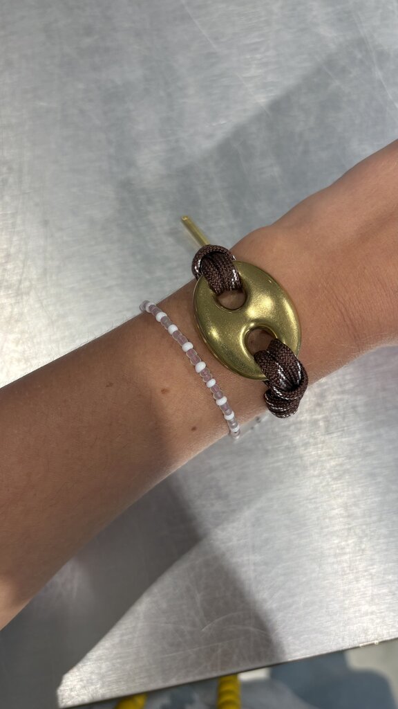 Gold Pignose Bracelet - Brown Cord