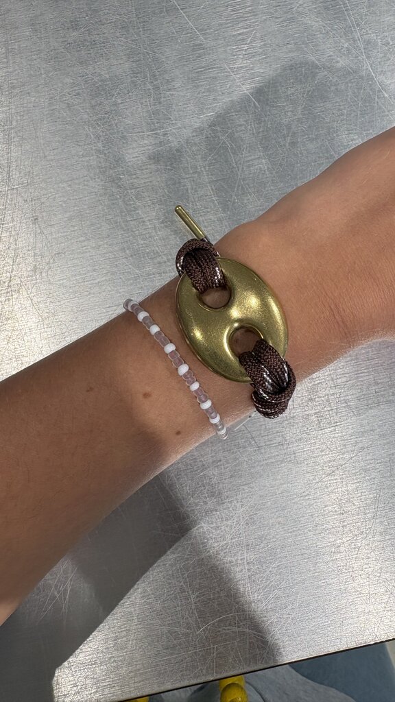 Gold Pignose Bracelet - Brown Cord