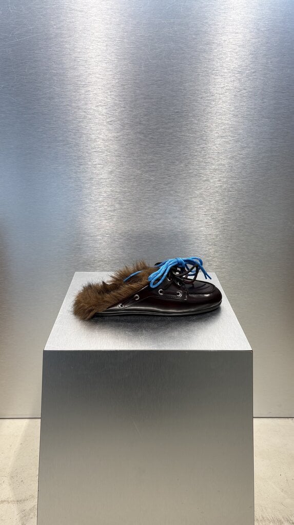 Posa Boat Loafer Mule Hairy Fur - Burgundy