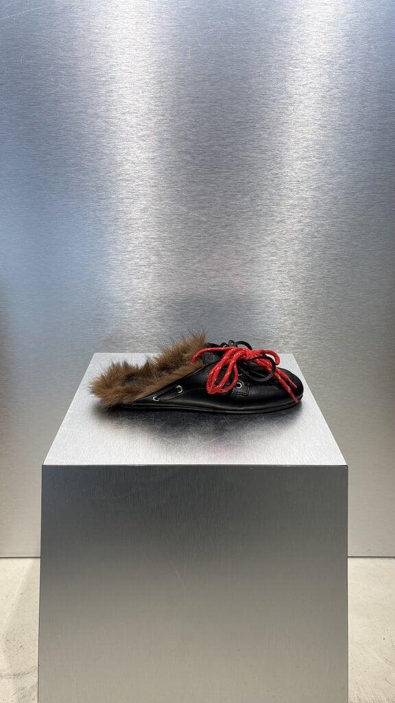 Posa Boat Loafer Mule Hairy Fur - Black