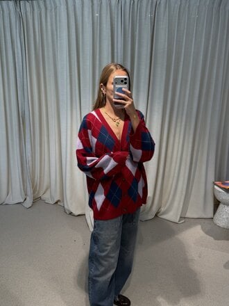 Rae Argyle Cardigan - Red Check