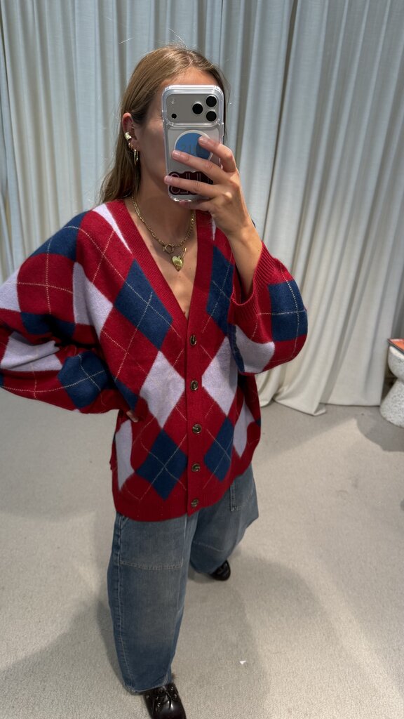 Rae Argyle Cardigan - Red Check