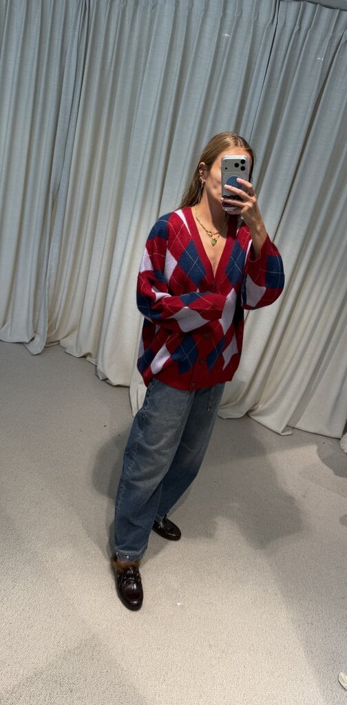 Rae Argyle Cardigan - Red Check