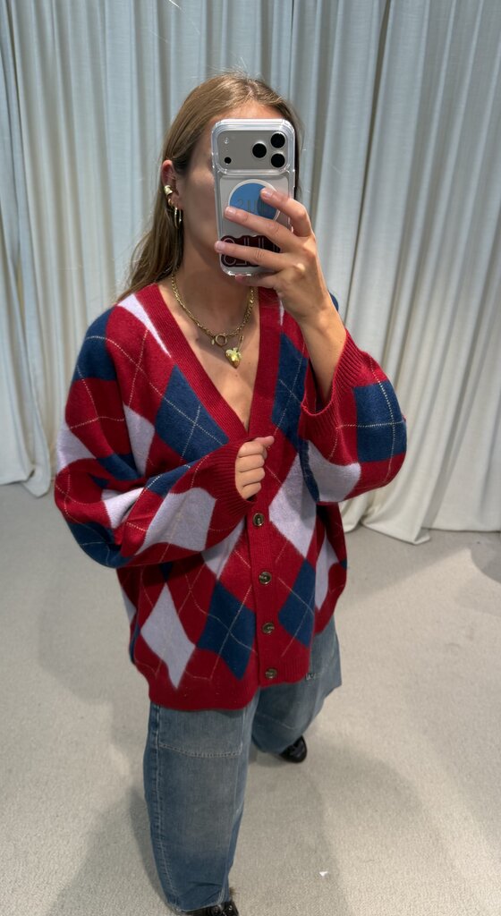 Rae Argyle Cardigan - Red Check