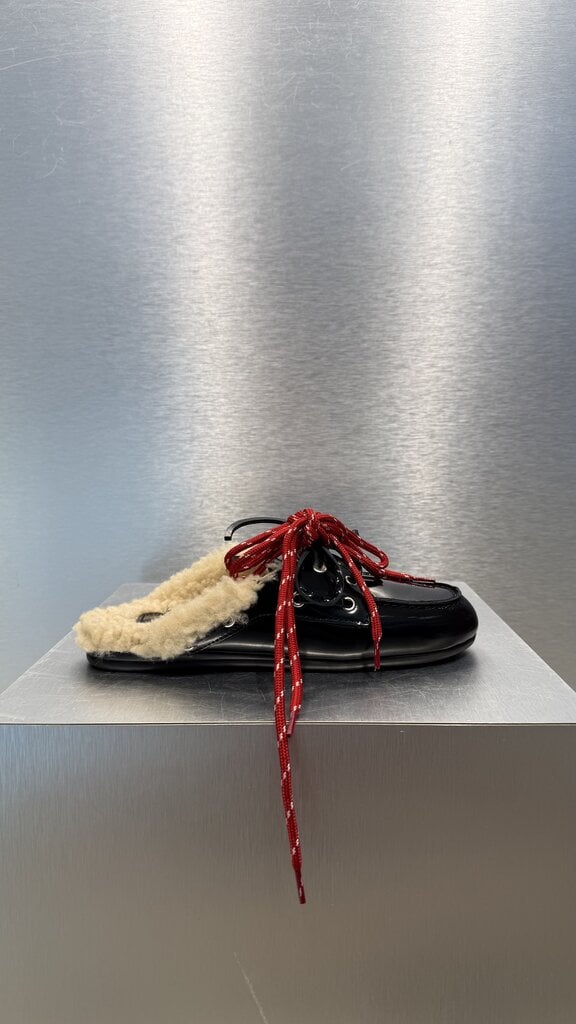 Posa Boat Loafer Mule Box Leather FUR - Black