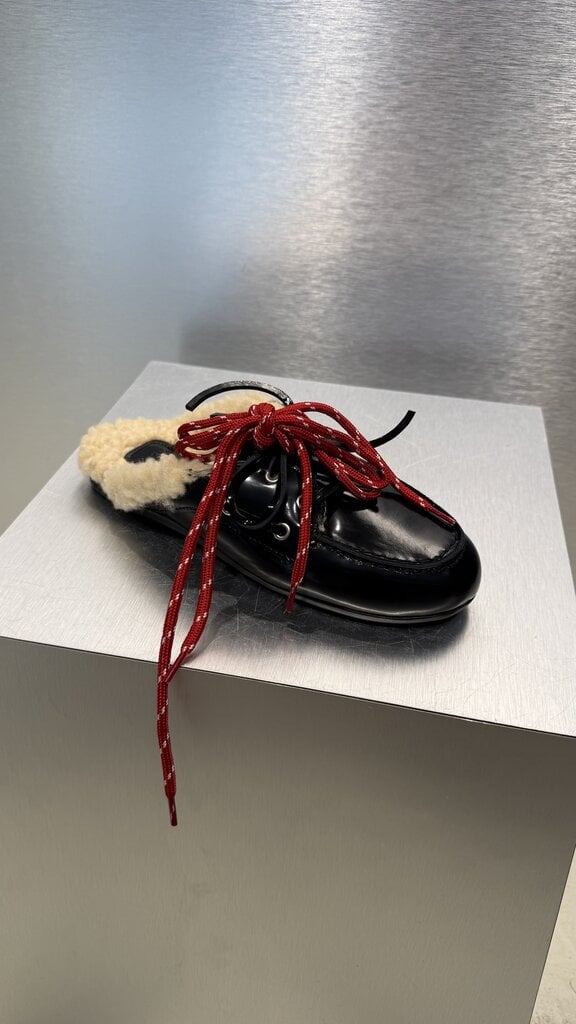 Posa Boat Loafer Mule Box Leather FUR - Black
