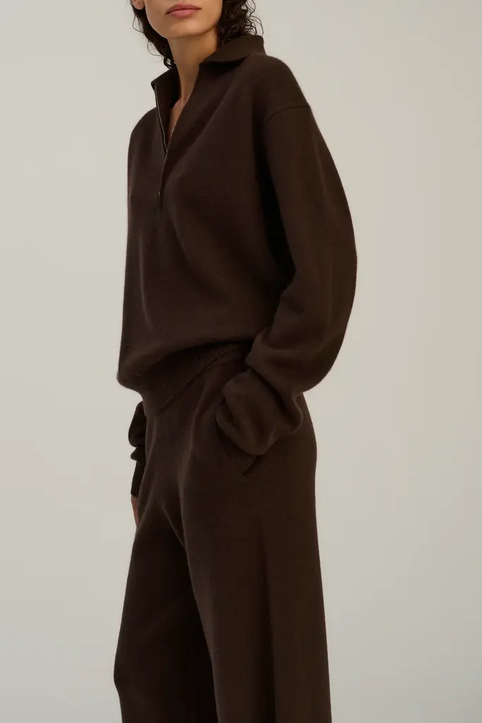 Rhea Knitted Zip Polo - Dark Brown