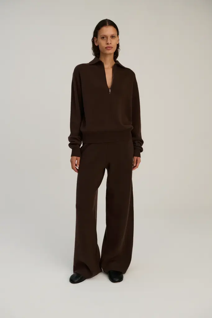 Rhea Knitted Zip Polo - Dark Brown