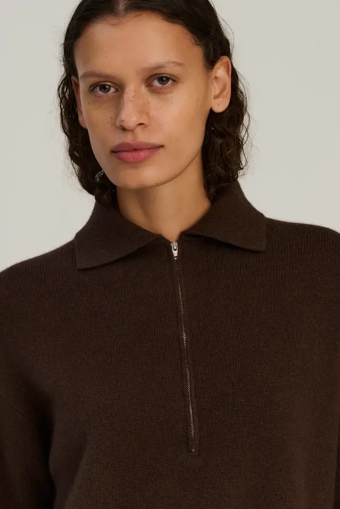Rhea Knitted Zip Polo - Dark Brown