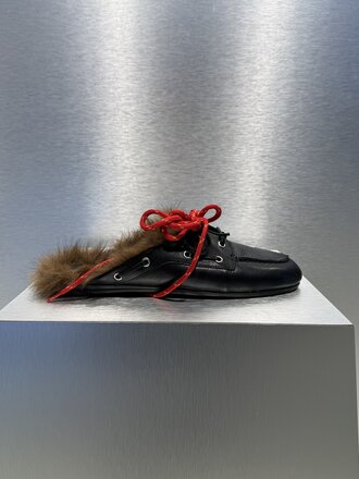 Posa Boat Loafert Mule Hairy Fur Soft Leather - Black