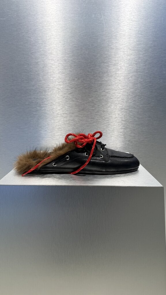 Posa Boat Loafert Mule Hairy Fur Soft Leather - Black