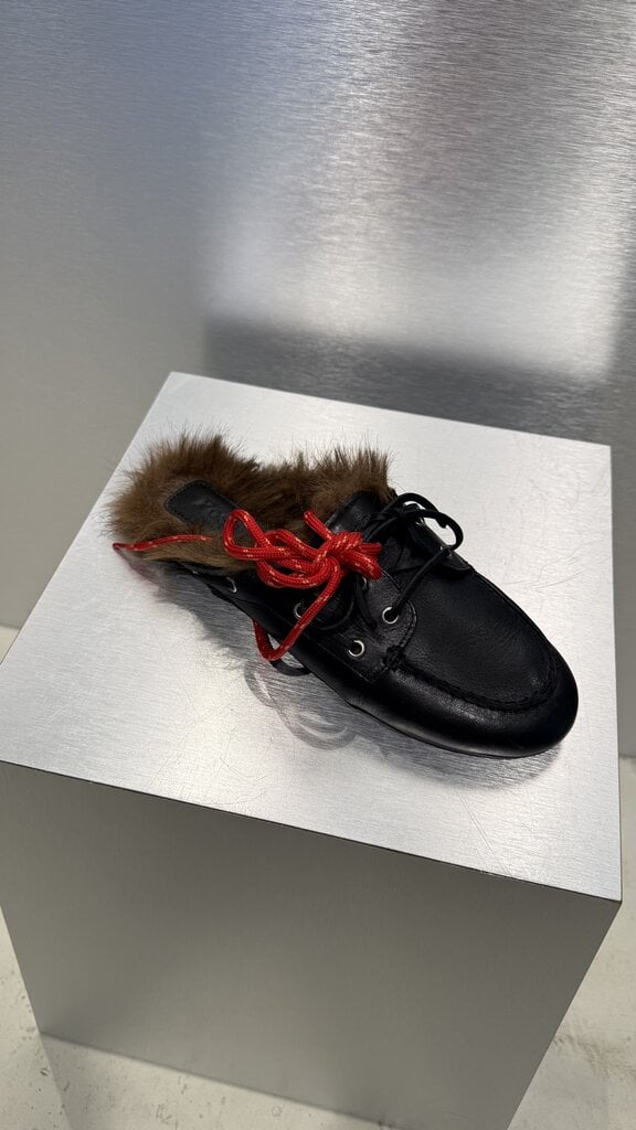 Posa Boat Loafert Mule Hairy Fur Soft Leather - Black