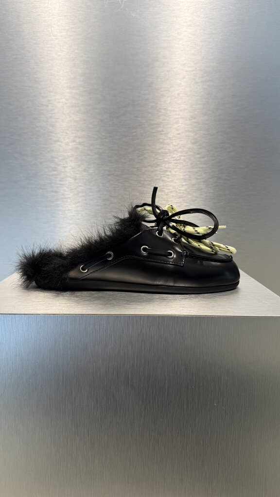 Posa Boat Loafer Mule Hariy Fur - Box Leather - Black