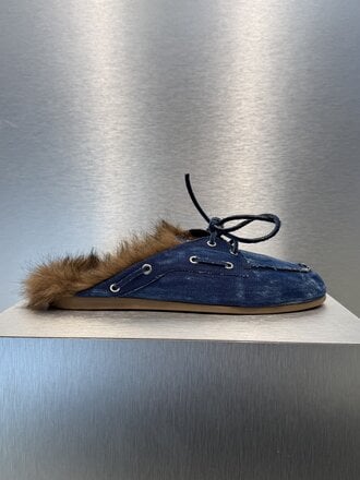 Posa Boat Loafer Mule Hairy Fur - Denim - Dark Blue