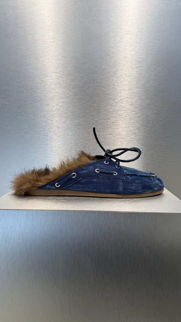 Posa Boat Loafer Mule Hairy Fur - Denim - Dark Blue
