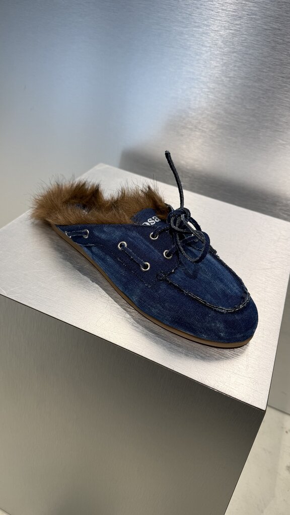 Posa Boat Loafer Mule Hairy Fur - Denim - Dark Blue