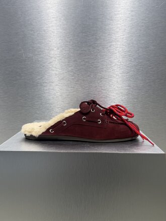 Posa Boat Loafer Mule FUR - Burgundy