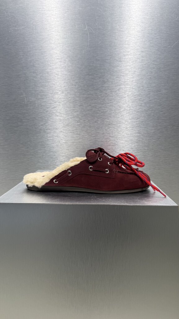 Posa Boat Loafer Mule FUR - Burgundy