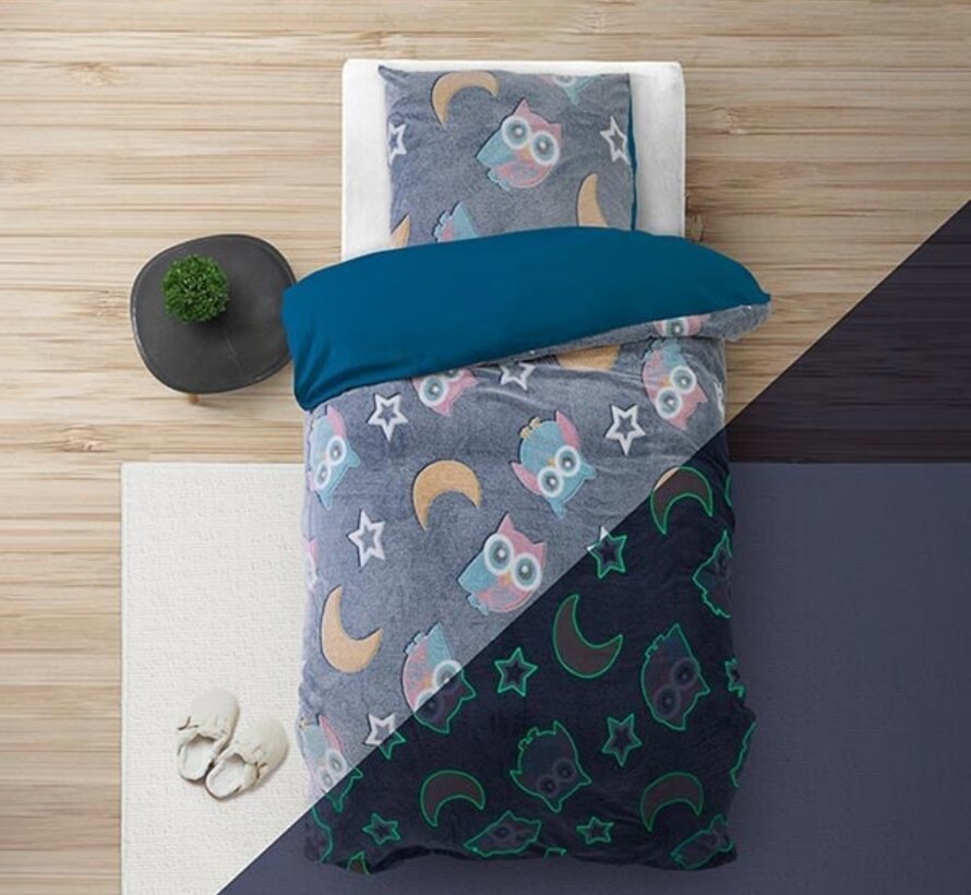 Glow in the dark - Night Owl - Blauw Dekbedovertrek
