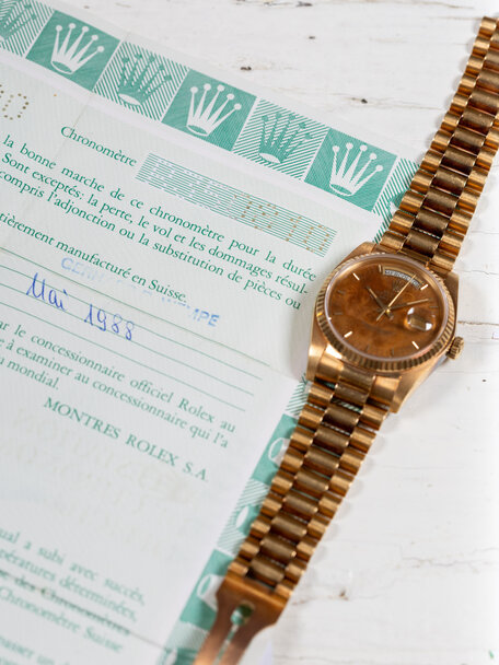 Rolex SOLD-Rolex Day-Date 18328 – Mahogany Dial – box papers
