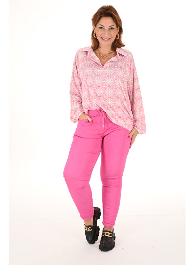 Lange blouse v-hals pofmouw print aquarel roze
