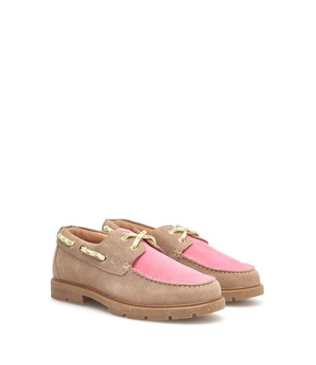 Woden dames bootschoen taupe, roze, geel suède